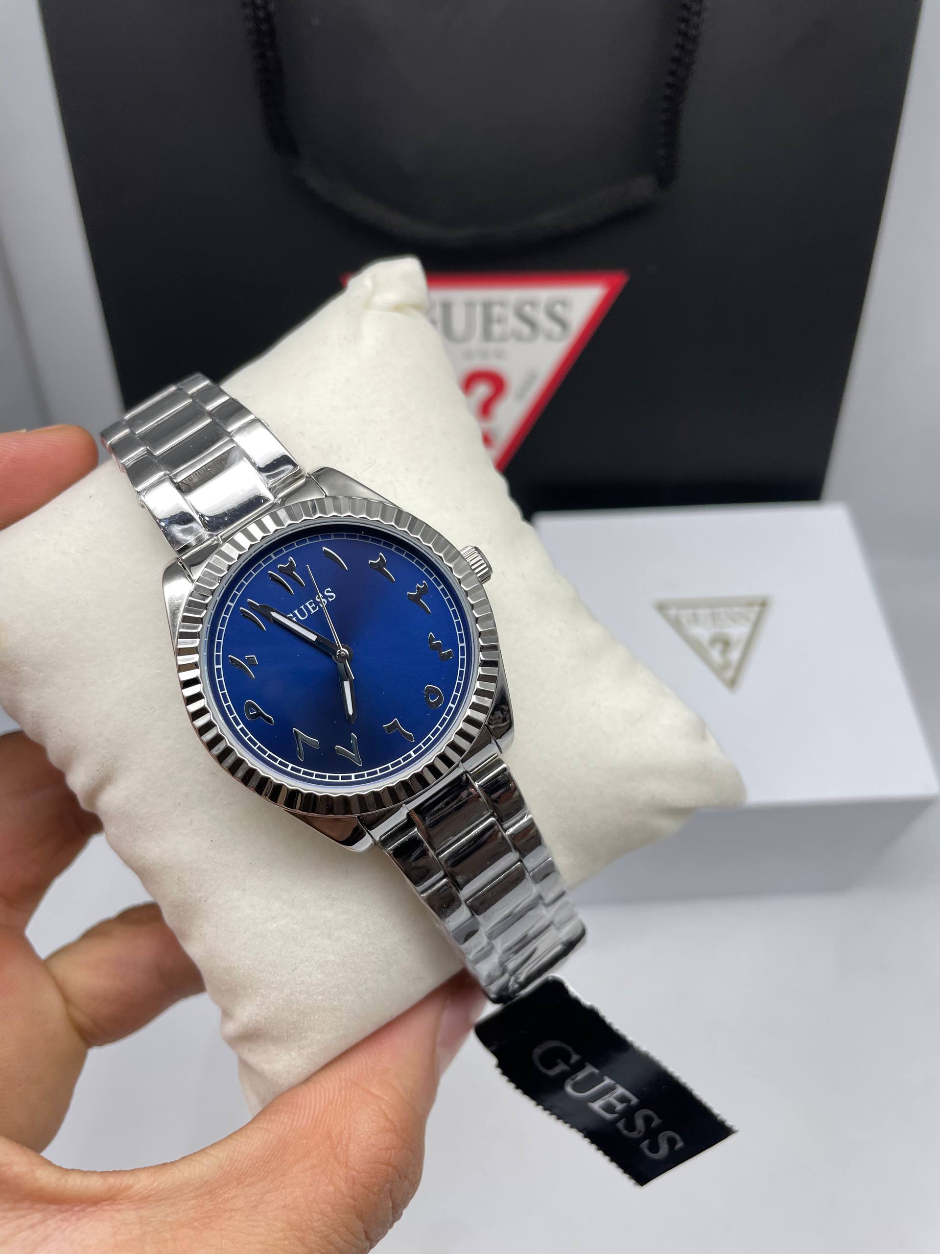 Guess silver-tone blue Arabic dial watch