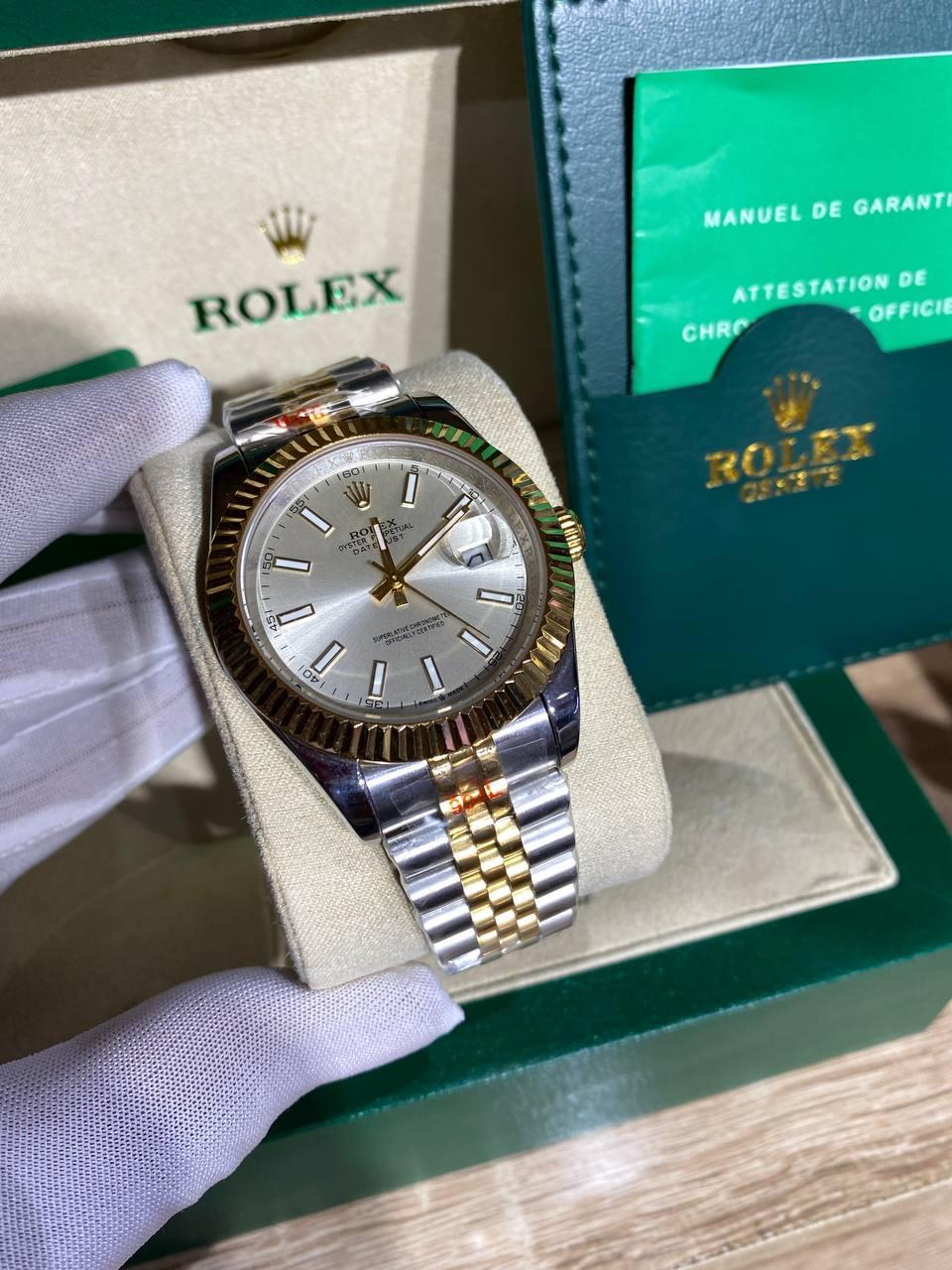 Two-tone automatic watch, silver dial, fluted bezel, jubilee bracelet