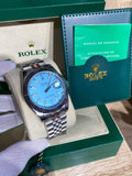 Steel automatic watch, ice-blue dial, fluted bezel, jubilee bracelet