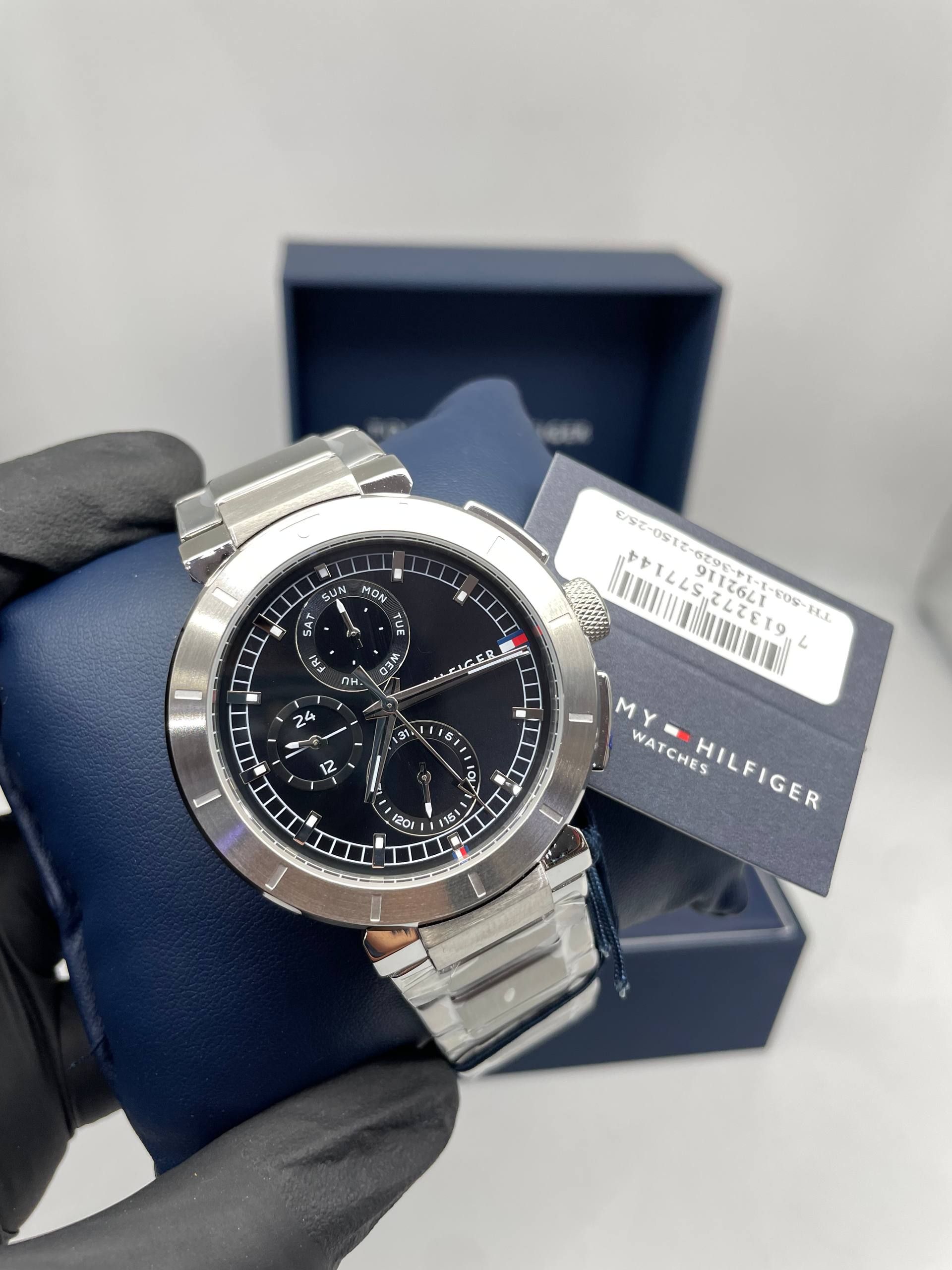 Tommy Hilfiger green dial leather chronograph watch