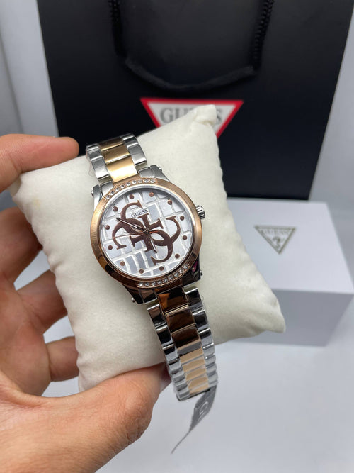 Guess two-tone rose gold crystal logo watch
