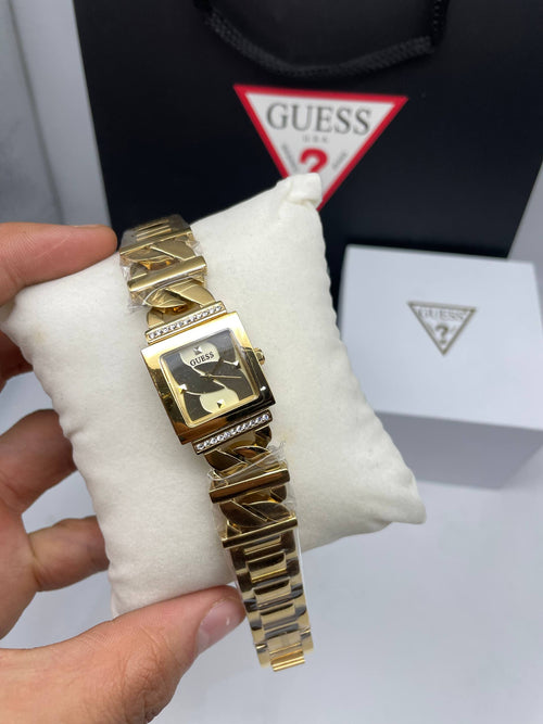 Guess gold-tone square crystal dress watch